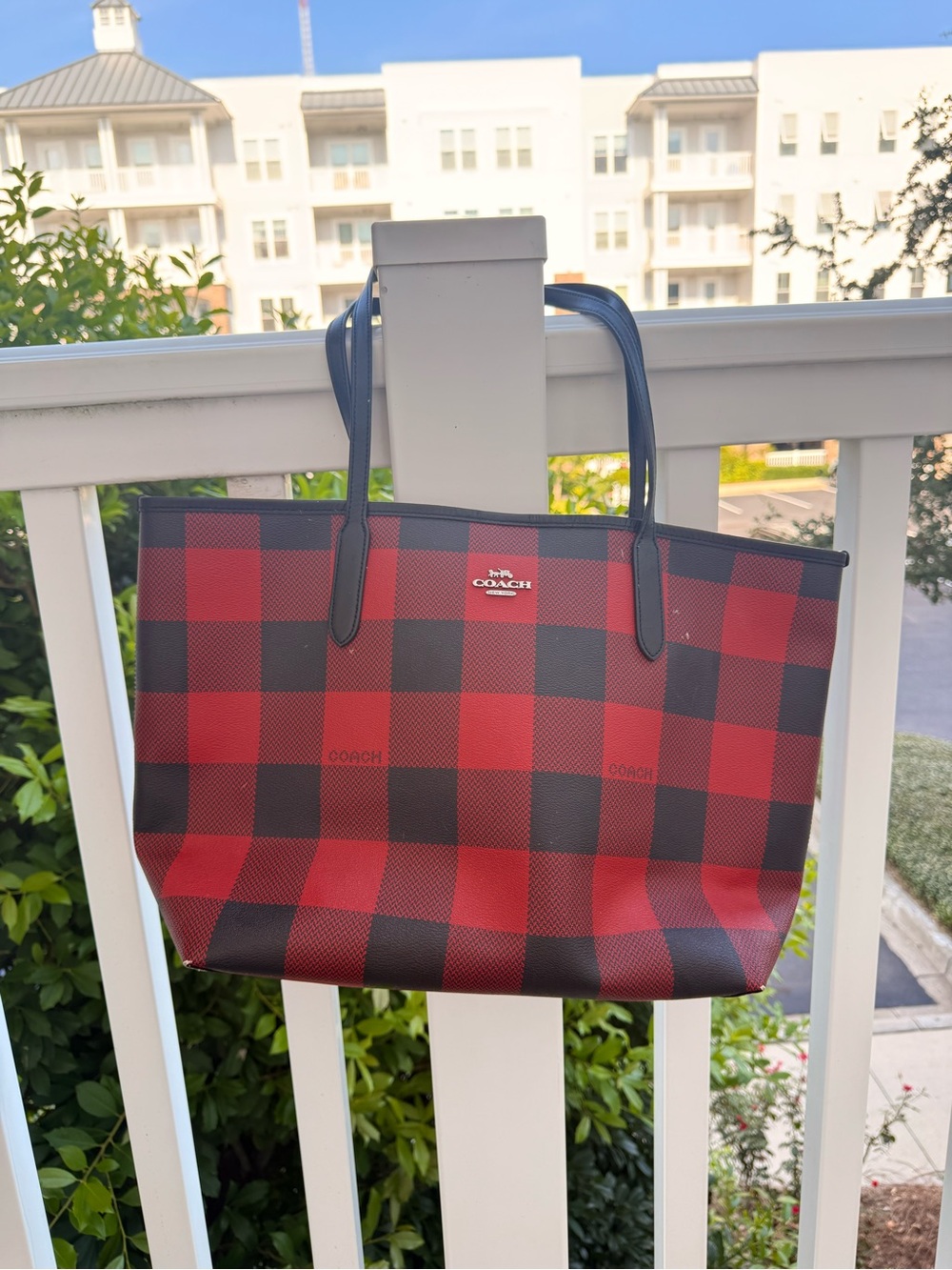 Coach Red and Black Check Canvas Tote
